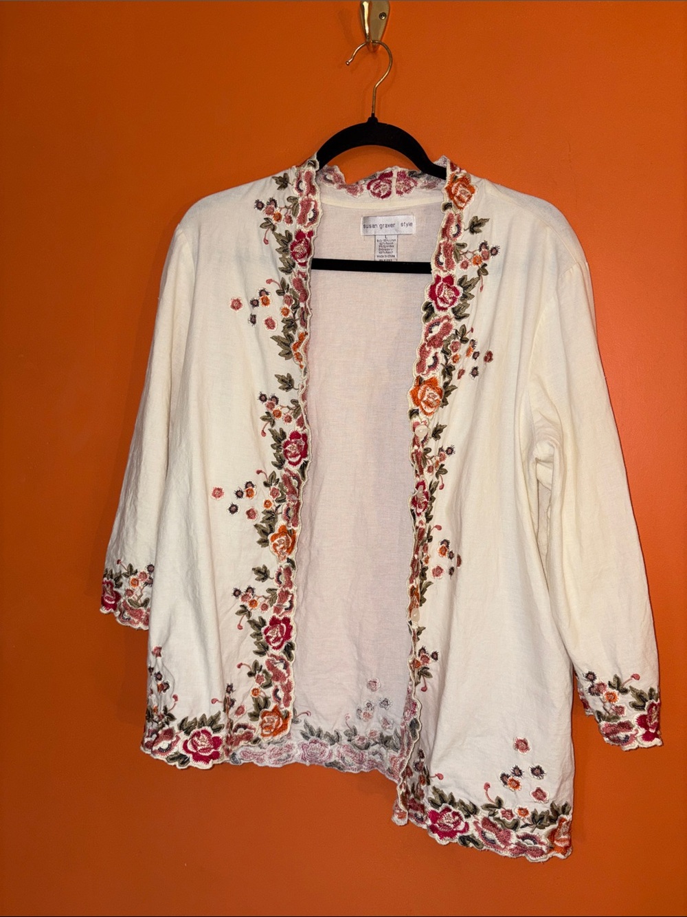 Susan Graver Cream Open-Front Linen Cardigan Pink/Orange Floral Embroidery Lg
